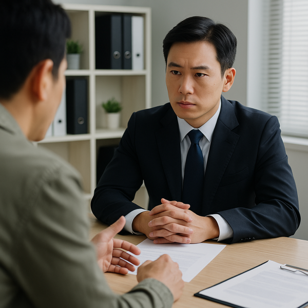 목포흥신소 상담실에서 남성 전문가가 의뢰인의 설명을 집중해 듣는 상담 장면