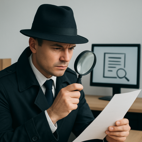 사무실에서 탐정이 확대경으로 문서를 세밀하게 살펴보는 장면의 실제 느낌 사진