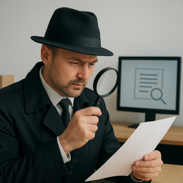 중절모와 트렌치코트를 착용한 탐정이 사무실에서 확대경으로 문서를 집중해 살펴보는 장면의 실제 느낌 사진